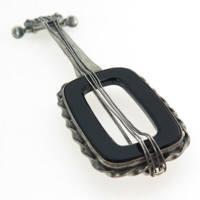 925 Sterling Silver Antique Art Deco Real Black Onyx Banjo Musical Pin Brooch