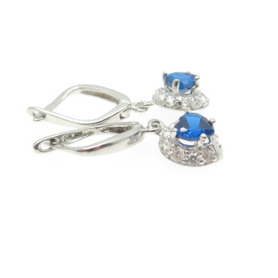 925 Sterling Silver White & Blue C Z Heart Dangling Earrings