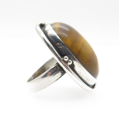 925 Sterling Silver Vintage Real Tiger Eye Gemstone Ring Size 3.75