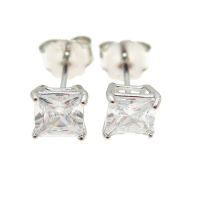 925 Sterling Silver Princess-Cut Shaped White C Z Stud Earrings