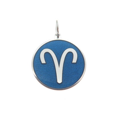 925 Sterling Silver Blue Enamel Aries Zodiac Sign Minimalist Round Charm Pendant