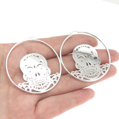 925 Sterling Silver Calavera Skull Hoop Earrings