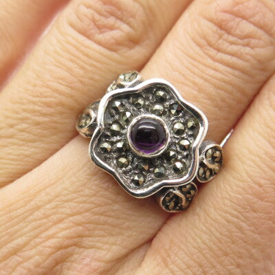 925 Sterling Silver Vintage Real Amethyst & Marcasite Flower Ring Size 7