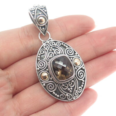 925 Sterling Silver & 18K Gold Vintage Real Smoky Quartz Spiral Scroll Pendant
