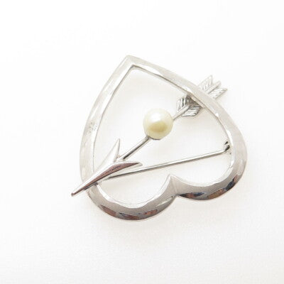 925 Sterling Silver Antique Art Deco Real Pearl Heart & Arrow Pin Brooch