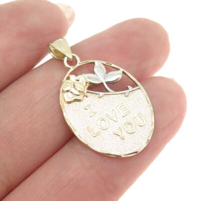 925 Sterling Silver 2-Tone "I Love Yoy" Floral Pendant