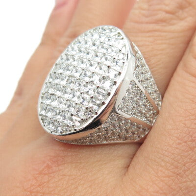 925 Sterling Silver Pave C Z Oval Domed Ring Size 11.75
