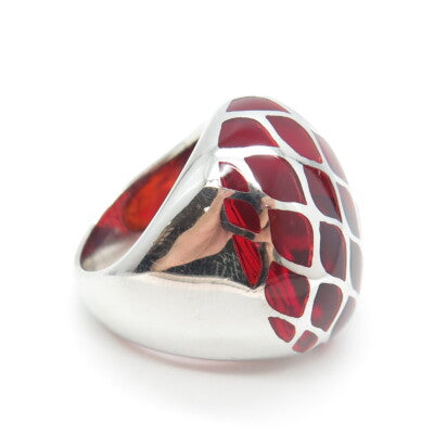 925 Sterling Silver Red Enamel Cage Domed Ring Size 7