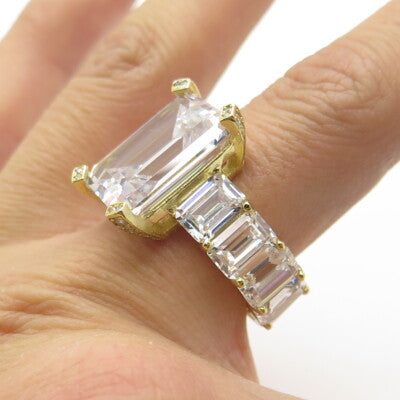 925 Sterling Silver Gold Plated Emerald-Cut Shaped C Z Ring Size 7