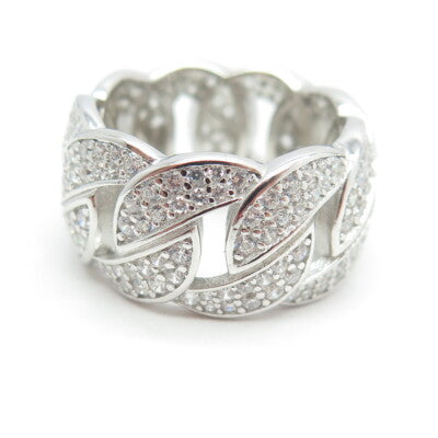 925 Sterling Silver Pave C Z Cuban Chain Band Ring Size 6.75