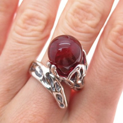 HAGIT GORALI Sterling Vintage Israel Cherry Glass Flower Modernist Ring Size 8