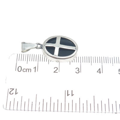 925 Sterling Silver Vintage Real Black Onyx Gem Cross Oval Minimalist Pendant
