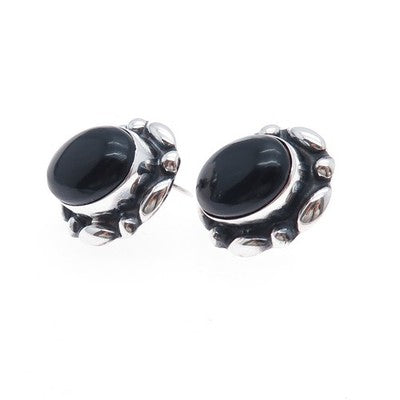 925 Sterling Silver Vintage Mexico Real Black Onyx Modernist Oxidized Earrings