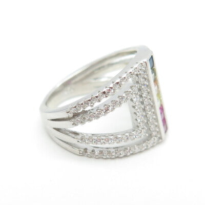 925 Sterling Silver Multi-Color C Z Geometric Ring Size 6.25