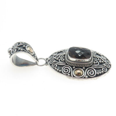 925 Sterling Silver & 18K Gold Vintage Real Smoky Quartz Spiral Scroll Pendant