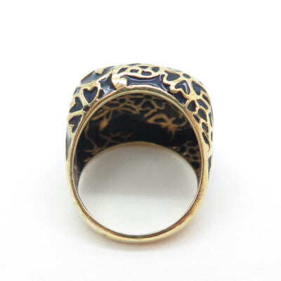 925 Sterling Silver Gold Plated Black Enamel Floral Wide Ring Size 6
