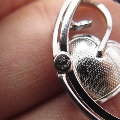 DE CURTIS Sterling Silver Antique Art Deco Real Pearl Heart Circle Pin Brooch