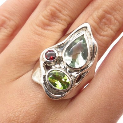 HAGIT GORALI Sterling Silver Vintage Prasiolite Garnet & Peridot Ring Size 7.25