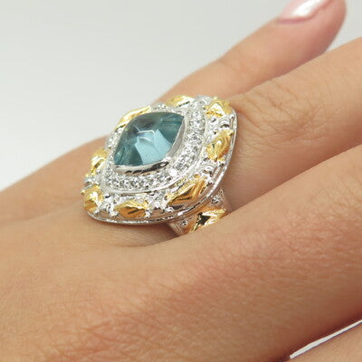 925 Sterling Silver 2-Tone Blue Glass & C Z Statement Ring Size 7