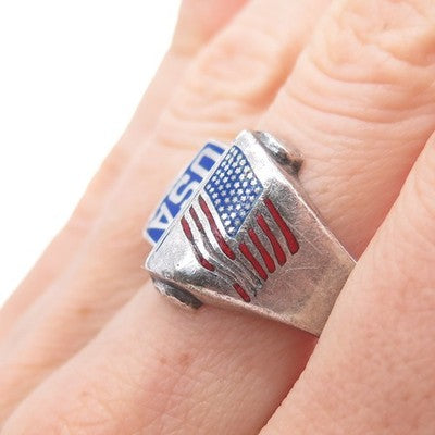 925 Sterling Silver Antique WWII DG Enamel US Army Corp Oxidized Ring Size 9.25