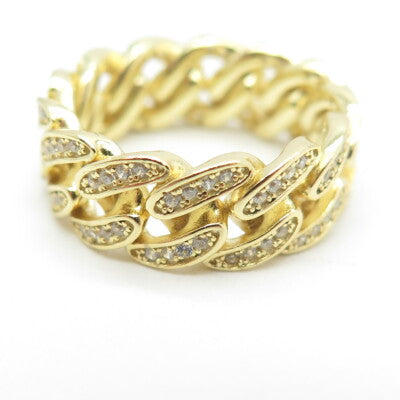 925 Sterling Silver Gold Plated Pave C Z Cuban Chain Band Ring Size 6