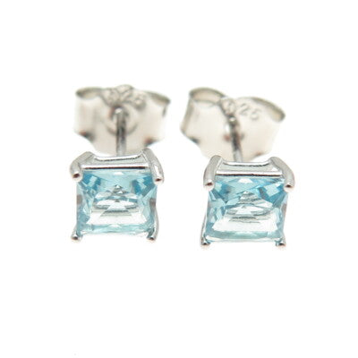 925 Sterling Silver Princess-Cut Shaped Blue C Z Stud Earrings