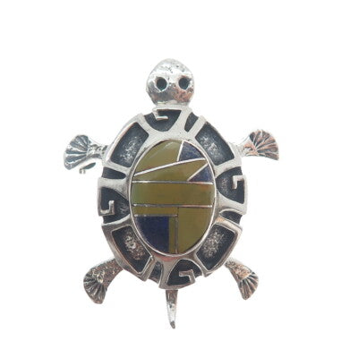 ERVIN HOSKIE NAVAJO Old Pawn 925 Sterling Vintage Jasper & Lapis Turtle Brooch