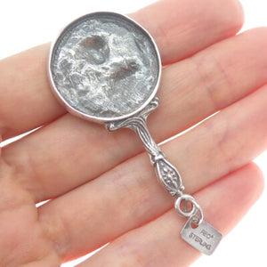 REO CO. Sterling Silver Antique Art Deco Repousse Hand Mirror Oxidized Pendant