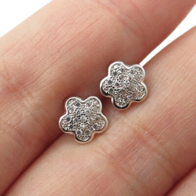 925 Sterling Silver Round-Cut C Z Flower Stud Earrings