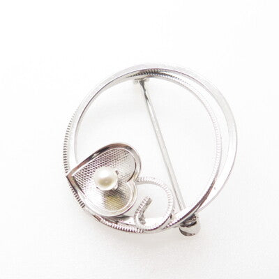 DE CURTIS Sterling Silver Antique Art Deco Real Pearl Heart Circle Pin Brooch