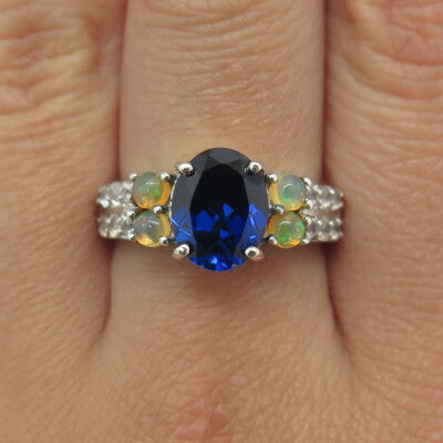 925 Sterling Silver Lab-Created Sapphire Real Opal & White Topaz Ring Size 8.75