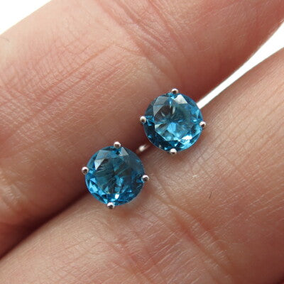925 Sterling Silver Round-Cut Shaped Swiss Blue C Z Stud Earrings