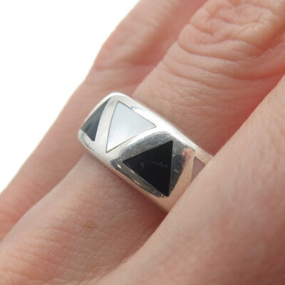 CHAPAL ZENRAY 925 Sterling Silver Vintage Real MOP & Black Onyx Ring Size 8.25