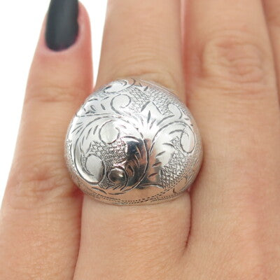925 Sterling Silver Vintage Siam Engraved Floral Dome Ring Size 6