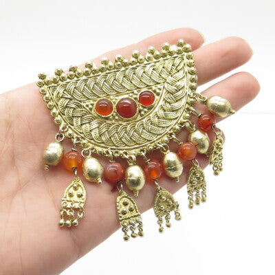 925 Sterling Silver Gold Plated Vintage Israel Carnelian Gem Ethnic Pendant