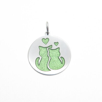 925 Sterling Silver Green Enamel Couple of Cats Love Minimalist Charm Pendant