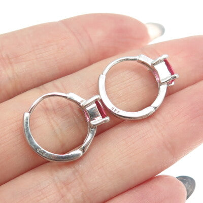 925 Sterling Silver Princess-Cut Pink C Z Hoop Earrings