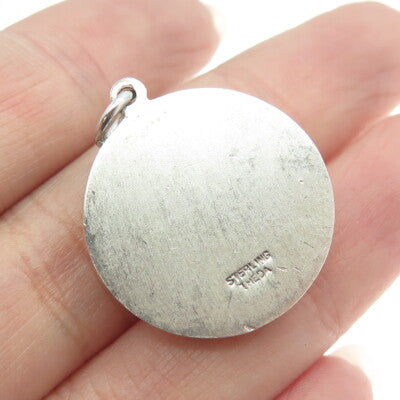 THEDA 925 Sterling Silver Antique Art Deco Jesus Religious Round Pendant
