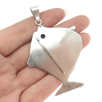 925 Sterling Silver Vintage MS 1994 Real Sapphire Modernist Fish Pendant