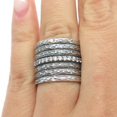 925 Sterling Silver Vintage C Z Textured Statement Band Ring Size 7.25