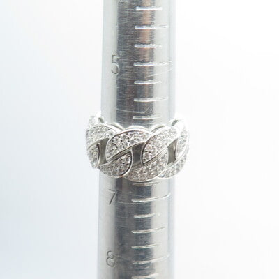 925 Sterling Silver Pave C Z Cuban Chain Band Ring Size 6.75