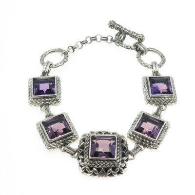 BERIA 925 Sterling Silver Vintage Real Amethyst Gem Tennis Link Bracelet 7.5"