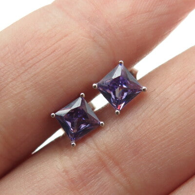 925 Sterling Silver Princess-Cut Shaped Purple C Z Stud Earrings