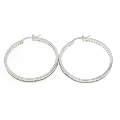 925 Sterling Silver Round-Cut All Around C Z Hoop Earrings