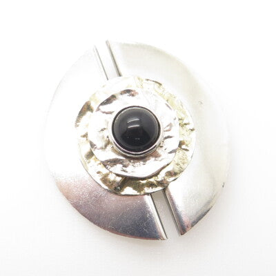 CHAIM PAZ Sterling Silver 2-Tone Vintage Jerusalem Black Onyx Modernist Brooch