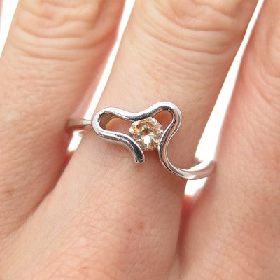 925 Sterling Silver Round-Cut Champagne C Z Modernist Heart Ring Size 9.25
