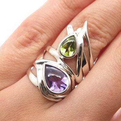 HAGIT GORALI Sterling Silver Vintage Peridot & Amethyst Modernist Ring Size 6.25