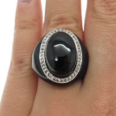 925 Sterling Silver Enamel Real Black Onyx & White Topaz Ring Size 7.25