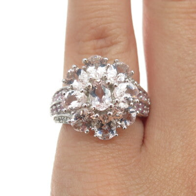 925 Sterling Silver Real Diamond Pink Sapphire & Morganite Cluster Ring Size 5