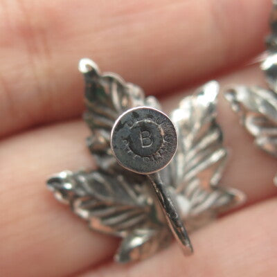 BEAU 925 Sterling Silver Antique Art Deco Maple Leaf Screw Back Earrings